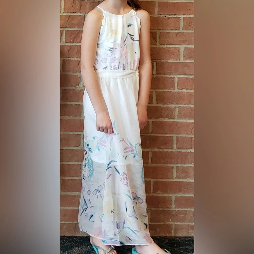 BCX Girl White Dress with Floral Overlay